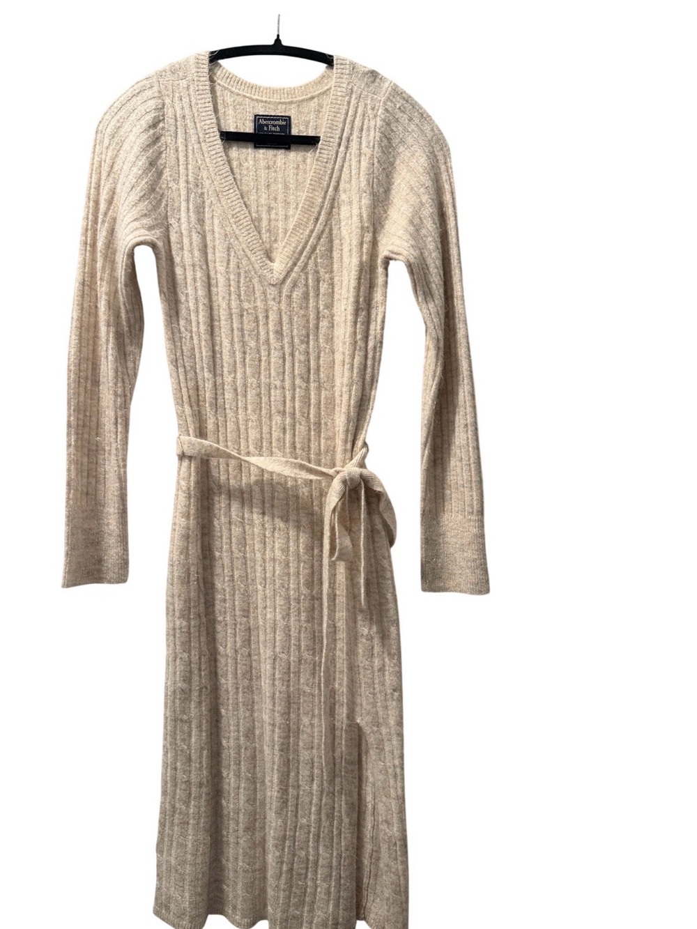 Abercrombie & Fitch Ivory Knit V-Neck Long Sleeve Belted Dress